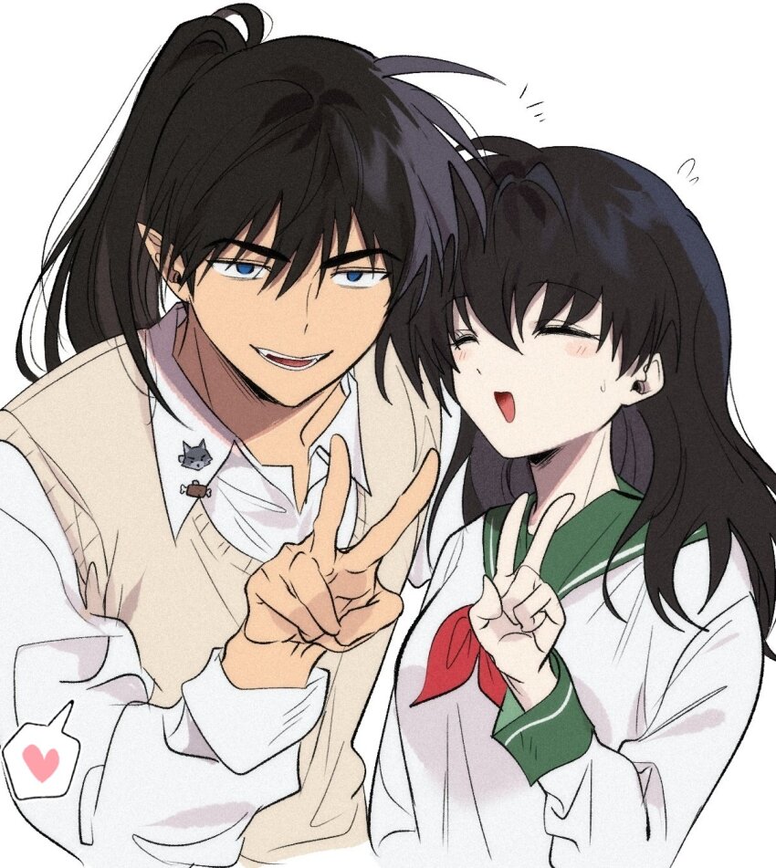 1boy, 1girl, black_hair, blue_eyes, blush, closed_eyes, collared_shirt, fangs, gkswna33, green_sailor_collar, heart, highres, higurashi_kagome, inuyasha, kouga_(inuyasha), long_hair, long_sleeves, open_mouth, pointy_ears, ponytail, sailor_collar, school_uniform, shirt, smile, spoken_heart, sweatdrop, sweater_vest, v, white_background, wolf