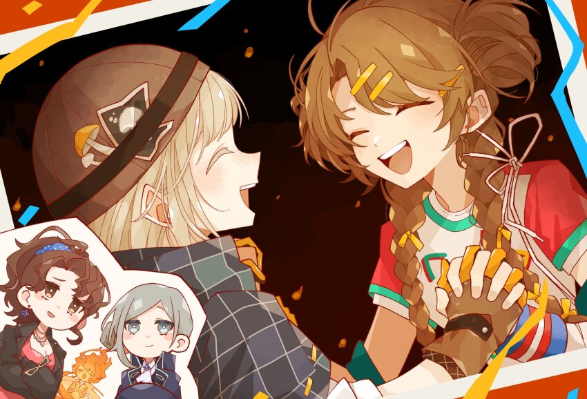 1boy, 4girls, ^_^, black_jacket, blonde_hair, blue_cloak, bob_cut, braid