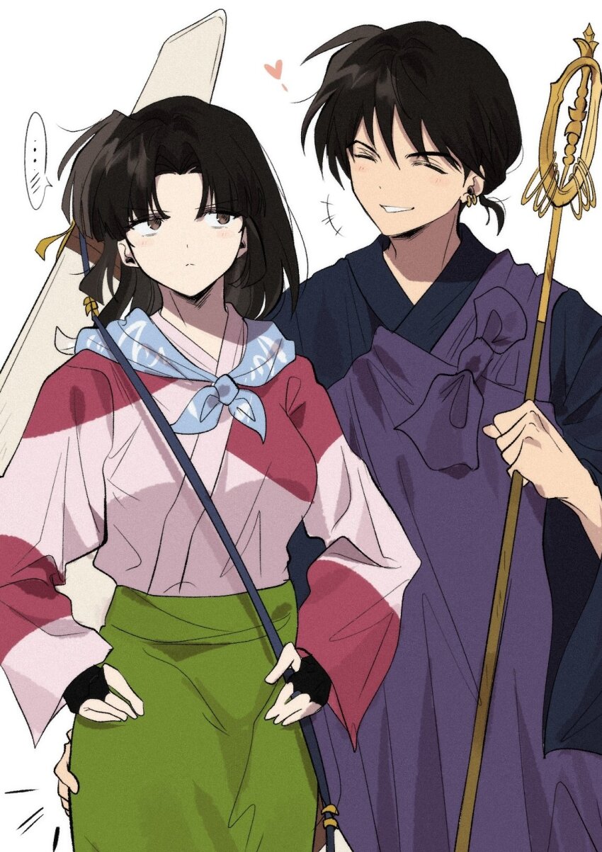 ..., 1boy, 1girl, black_hair, blue_scarf, boomerang, brown_eyes, closed_eyes, earrings, gkswna33, green_skirt, grin, groping, hand_on_another's_ass, hands_on_own_hips, heart, highres, hiraikotsu, hoop_earrings, inuyasha, japanese_clothes, jewelry, kesa, light_blush, long_hair, miroku_(inuyasha), monk, sango_(inuyasha), scarf, shakujou, short_hair, skirt, smile, staff, tekkou, white_background