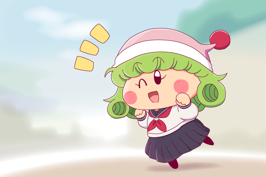 1girl, blue_sailor_collar, blue_skirt, blunt_bangs, blurry, blurry_background, blush_stickers, commentary_request, green_hair, hat, koyamaru3, long_hair, mini_person, minigirl, mirumo_de_pon!, neckerchief, nightcap, notice_lines, one_eye_closed, pink_hat, rirumu_(mirumo_de_pon!), sailor_collar, school_uniform, skirt, smile, solid_oval_eyes, solo, standing, standing_on_one_leg