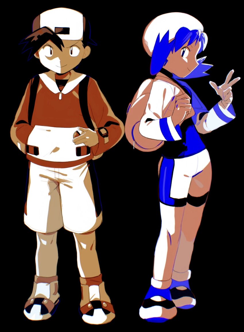 1boy, 1girl, afyewv5, backwards_hat, bag, baseball_cap, bike_shorts, black_background, black_hair, blue_eyes, blue_hair, ethan_(pokemon), hand_in_pocket, hat, highres, holding, holding_poke_ball, jacket, kris_(pokemon), long_hair, looking_at_viewer, nintendo, official_style, poke_ball, pokegear, pokemon, pokemon_gold/silver/crystal, shirt, shorts, smile, standing, v