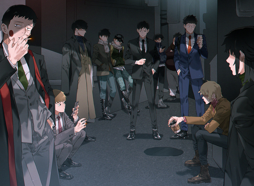 6+boys, bags_under_eyes, banshomaru_shinra, bead_necklace, beads, black_coat, black_hair, black_jacket