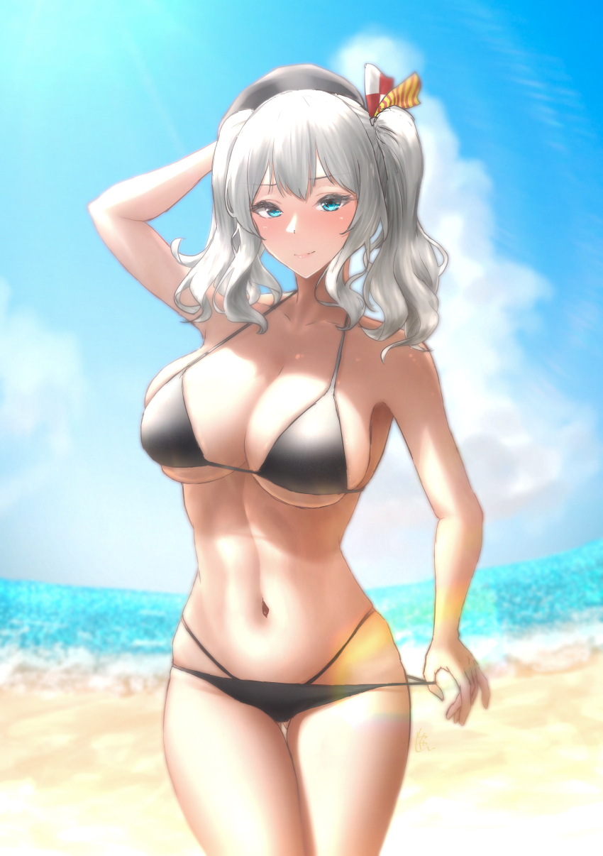 1girl, absurdres, alternate_costume, arm_behind_head, arm_up, beret, bikini, black_bikini