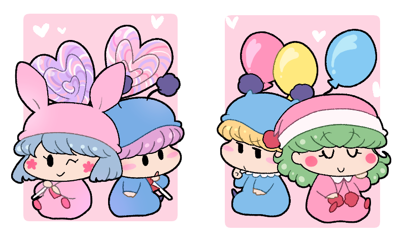 2boys, 2girls, balloon, blonde_hair, blue_pajamas, blunt_bangs, brothers, candy