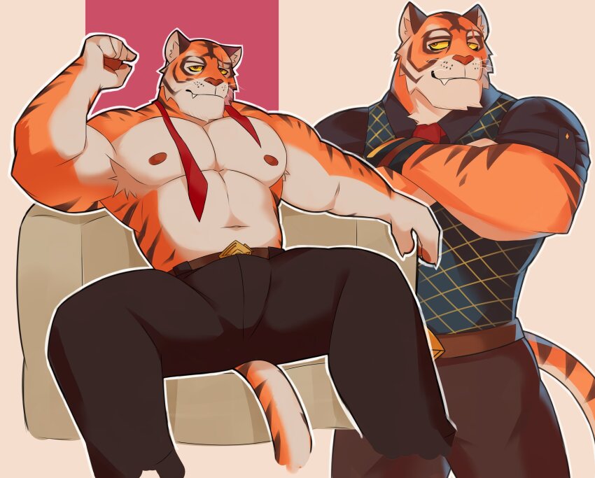 0rnix, bara, belt, black_pants, collared_shirt, couch, cropped_legs, fang