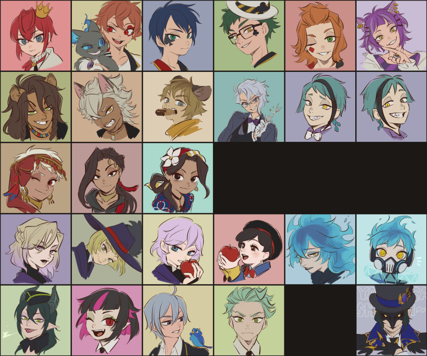 1girl, 6+boys, absurdres, ace_trappola, animal, animal_ear_piercing, animal_ears, animal_on_shoulder