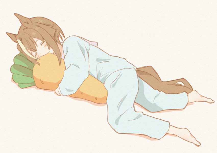1girl, animal_ears, barefoot, blanket, blue_pajamas, brown_hair, cheval_grand_(umamusume), closed_eyes, full_body, hair_between_eyes, hakugitsu, highres, hood, horse_ears, horse_girl, horse_tail, hugging_object, long_sleeves, lying, multicolored_hair, on_side, pajamas, pillow, pillow_hug, short_hair, simple_background, sleeping, solo, stuffed_carrot, tail, umamusume, white_hair