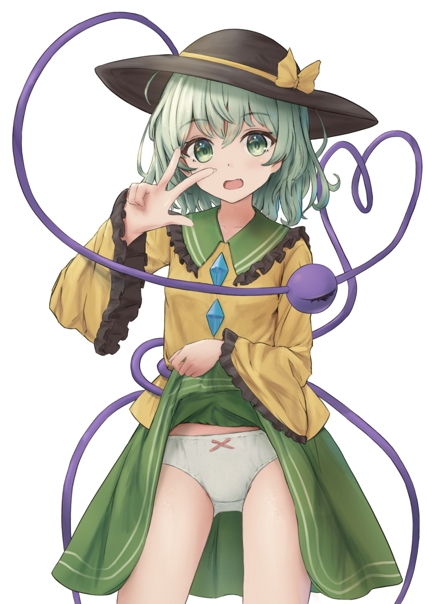 1girl, black_hat, blush, bow, bright_pupils, buttons, clothes_lift, commentary, cowboy_shot, diamond_button, fang, flashing, frilled_shirt_collar, frilled_sleeves, frills, green_eyes, green_hair, green_skirt, hair_between_eyes, hand_up, happy, hat, hat_bow, heart, heart_of_string, highres, koishi_day, komeiji_koishi, kubure, lifting_own_clothes, long_sleeves, looking_at_viewer, medium_hair, open_mouth, panties, shirt, simple_background, skirt, skirt_lift, smile, third_eye, touhou, underwear, w, w_over_eye, white_background, white_panties, wide_sleeves, yellow_bow, yellow_shirt