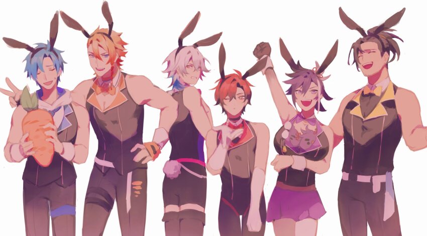 6+boys, alternate_costume, alternate_hairstyle, androgynous, animal_ears, animal_hairband, arm_up, axel_syrios