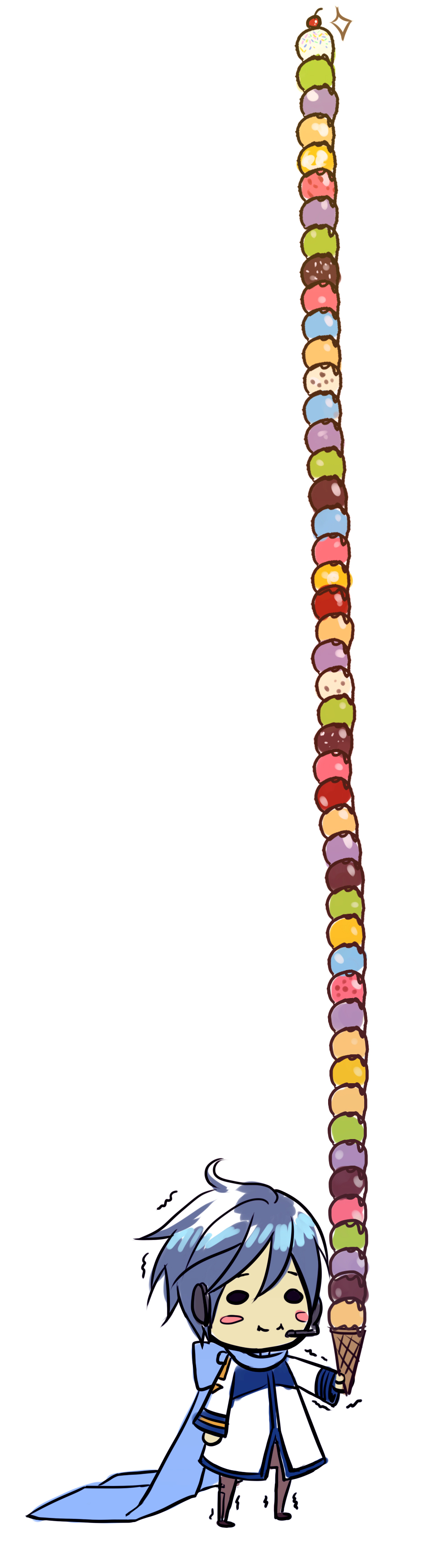 1boy, absurdres, blue_hair, blue_scarf, blush, cape, catwhathk, food