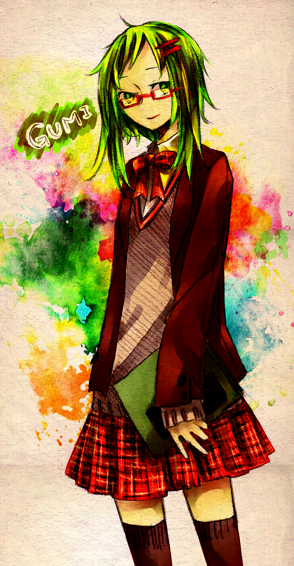 1girl, bad_id, bad_pixiv_id, bespectacled, female_focus, glasses, gradient_background, gumi, highres, plaid, school_uniform, shikiji, solo, sorakura_shikiji, thighhighs, vocaloid