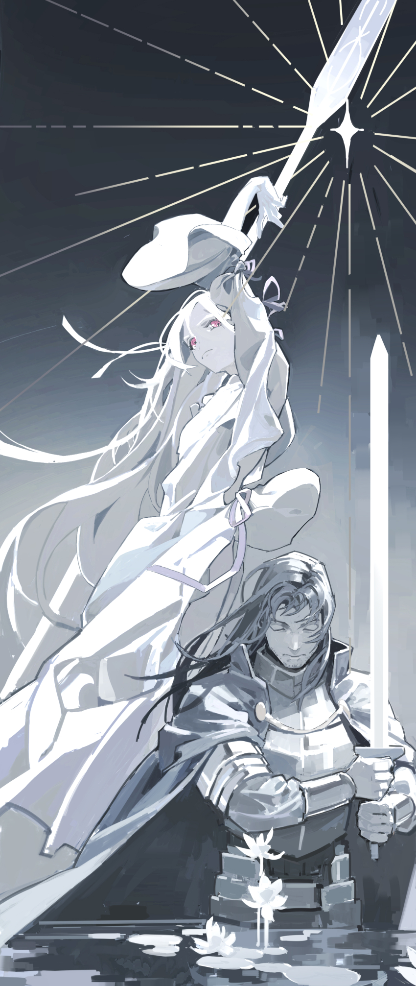 1boy, 1girl, absurdres, arm_cutout, arm_up, armor, beard_stubble, cape