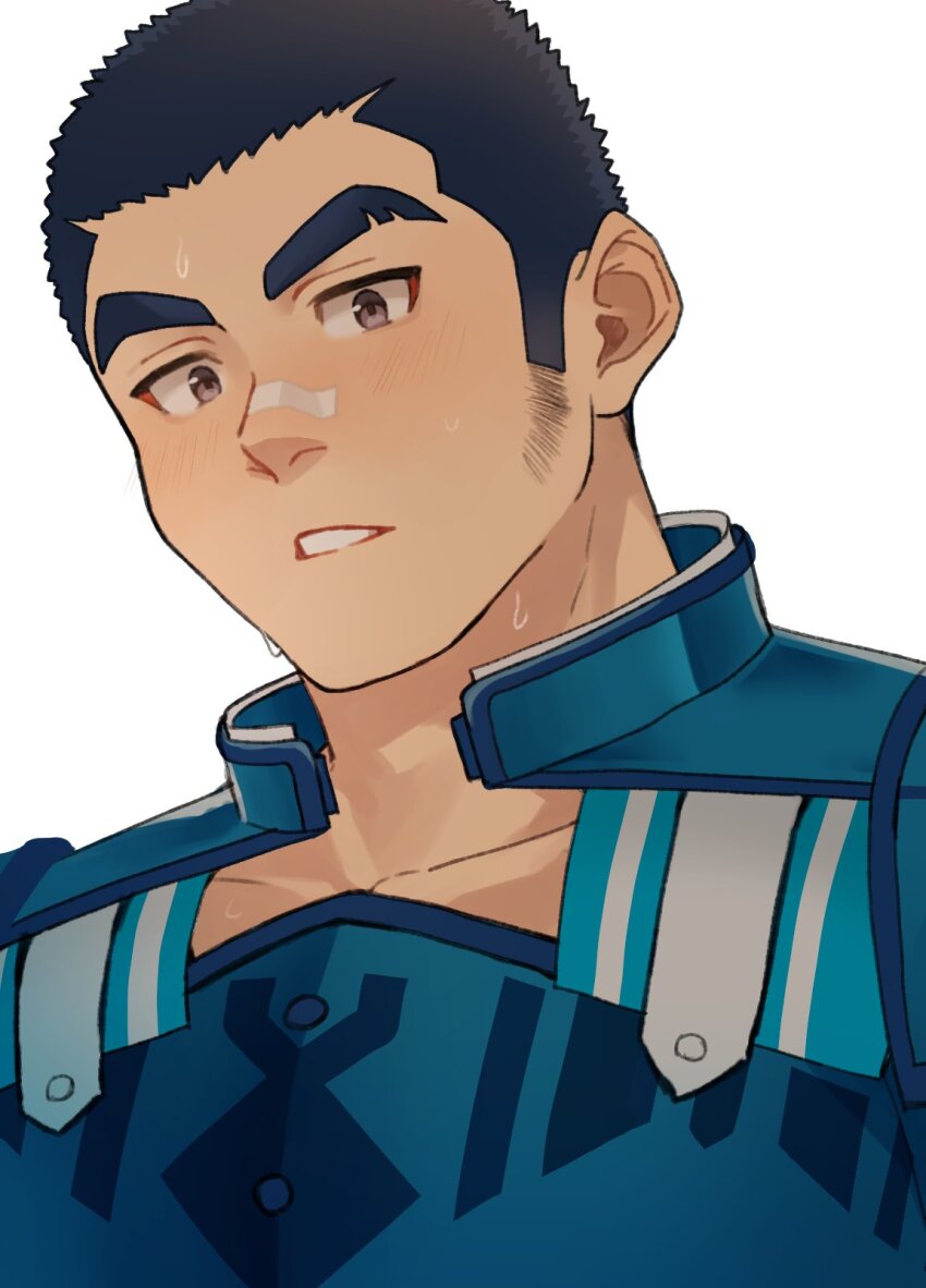 1boy, armor, bandaid, bandaid_on_face, bandaid_on_nose, bara, basil_(crave_saga), black_hair, blush, brown_eyes, collarbone, crave_saga, eyebrow_cut, facial_hair, highres, long_sideburns, looking_at_viewer, male_focus, parted_lips, short_hair, sideburns, sideburns_stubble, simple_background, solo, stubble, sweat, thick_eyebrows, usuki_(usukine1go), very_short_hair, white_background