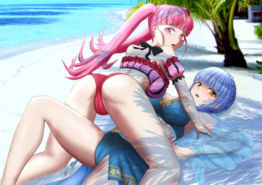 2girls, ass, bare_legs, beach, bikini, blue_bikini, blue_hair, braid