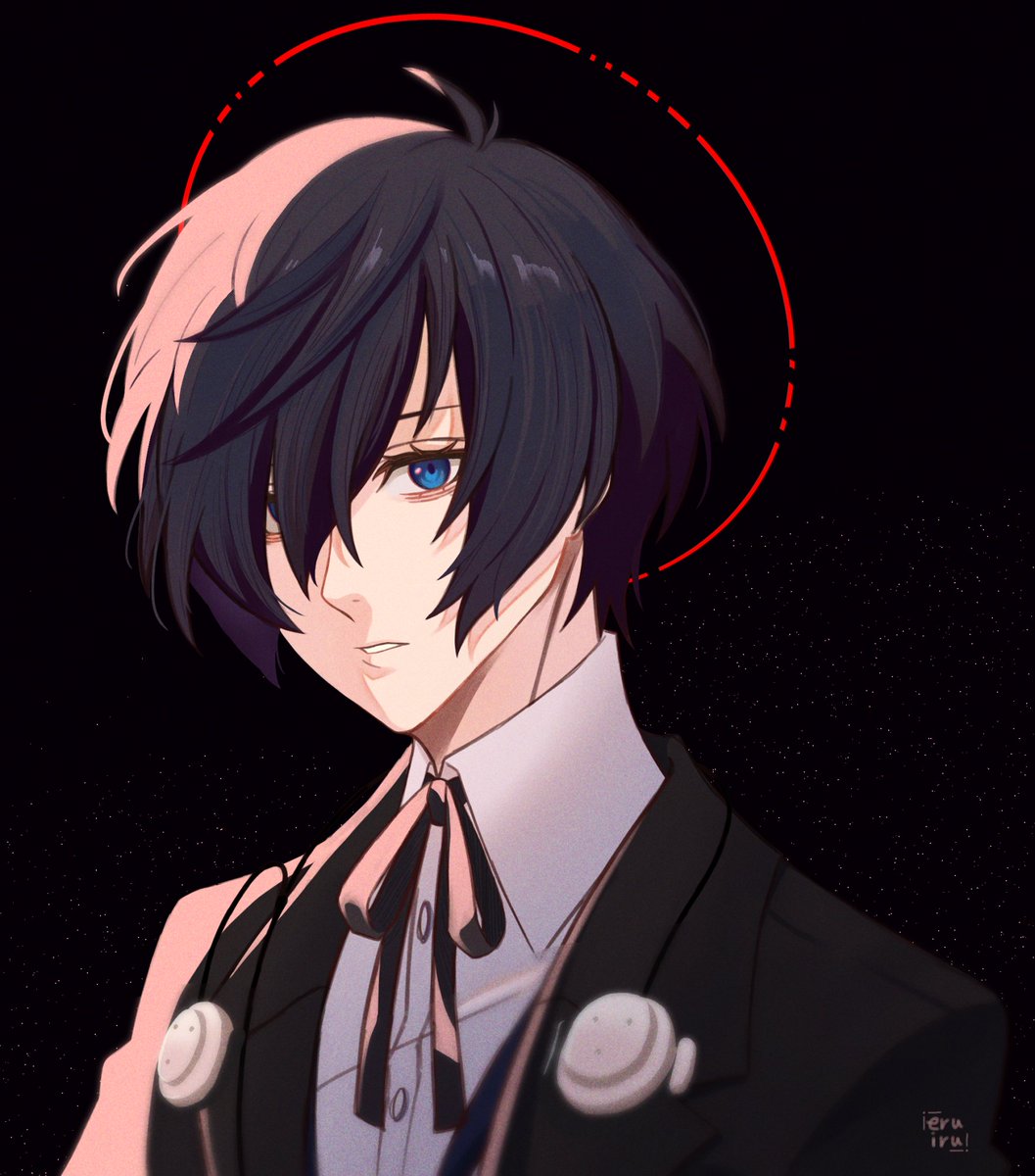1boy, aquam0n1ca, black_background, black_jacket, black_ribbon, blue_eyes, blue_hair, collared_shirt, commentary_request, dark_blue_hair, earphones, hair_between_eyes, halo, headphones, headphones_around_neck, highres, jacket, looking_at_viewer, male_focus, neck_ribbon, parted_lips, persona, persona_3, ribbon, shirt, signature, solo, upper_body, white_shirt, yuuki_makoto_(persona_3)