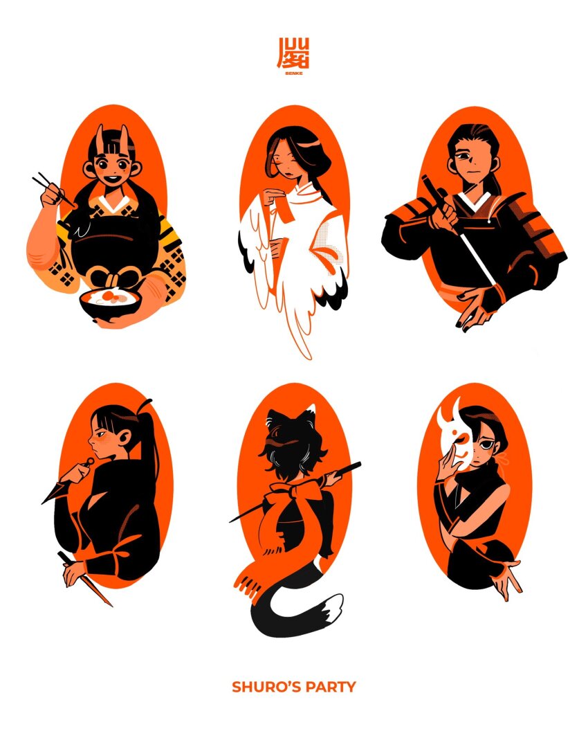 1boy, 5girls, animal_ears, armor, benichidori, black_hair, black_robe, black_scarf