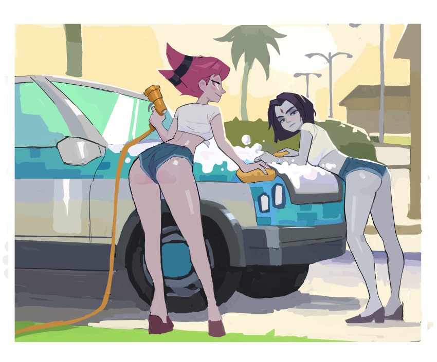 2girls, absurdres, amugea, ass, blush, car, cleaning, colored_skin, crop_top, day, dc_comics, denim, denim_shorts, grey_skin, highres, holding, holding_hose, holding_sponge, hose, jinx_(dc), motor_vehicle, multiple_girls, outdoors, pink_eyes, pink_hair, raven_(dc), short_shorts, shorts, side-view_mirror, smile, soap, soap_bubbles, sponge, teen_titans, washing, washing_vehicle, windshield, yellow_sponge