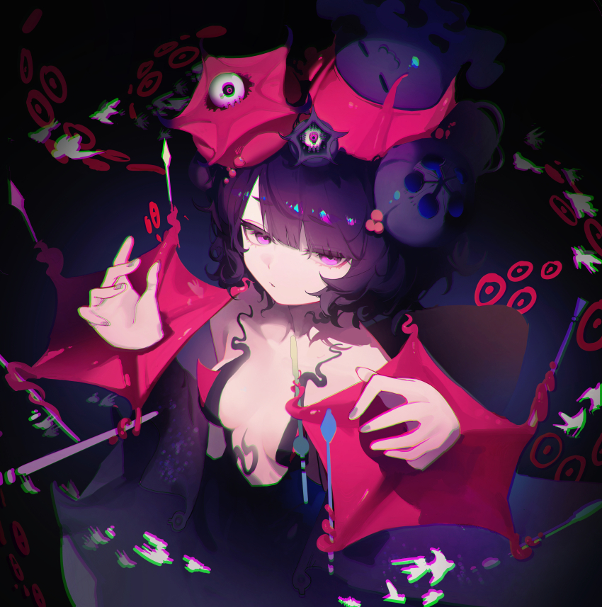 1girl, absurdres, bare_shoulders, black_dress, black_hair, breasts, calligraphy_brush, collarbone