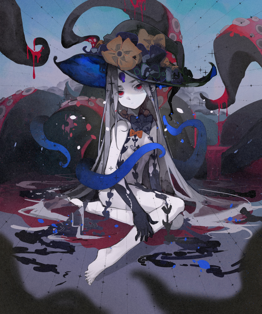 1girl, abigail_williams_(fate), abigail_williams_(third_ascension)_(fate), absurdres, bare_legs, bare_shoulders, barefoot, black_bow