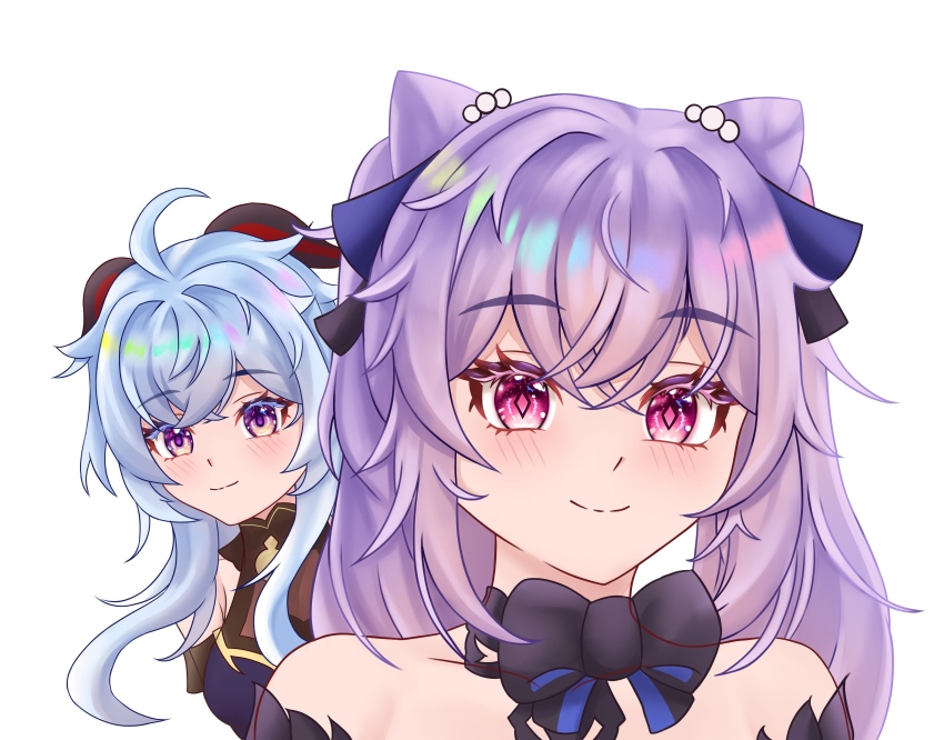 2girls, absurdres, ahoge, bare_shoulders, black_bow, blue_hair, bow, commentary