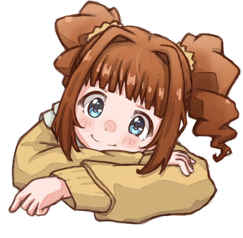1girl, blue_eyes, blush, brown_hair, commentary_request, head_rest, highres, idolmaster, idolmaster_(classic), long_hair, looking_at_viewer, mikami_(3kami), sidelocks, simple_background, smile, solo, sweater, takatsuki_yayoi, twintails, upper_body, white_background