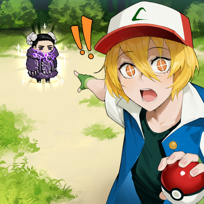 !, !!, +_+, 1boy, 1girl, ash_ketchum, ash_ketchum_(cosplay), black_hair, black_shirt, blonde_hair, blue_jacket, bush, claws, coat, cosplay, don_quixote_(project_moon), e.g.o_(project_moon), electric_screaming_(e.g.o), fingerless_gloves, forest, fur_coat, gloves, grass, green_gloves, hair_between_eyes, highres, horns, jacket, lightning, limbus_company, meme, meursault_(project_moon), nature, nintendo, pointing, pointing_backward, poke_ball, pokemon, project_moon, purple_eyes, sasoura, sheep_horns, shirt, two_soyjaks_pointing_(meme), yellow_eyes