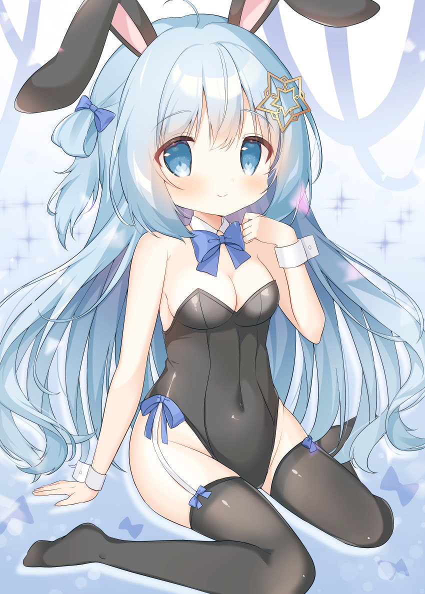 1girl, absurdres, ahoge, animal_ears, bare_shoulders, black_leotard, black_thighhighs, blue_bow