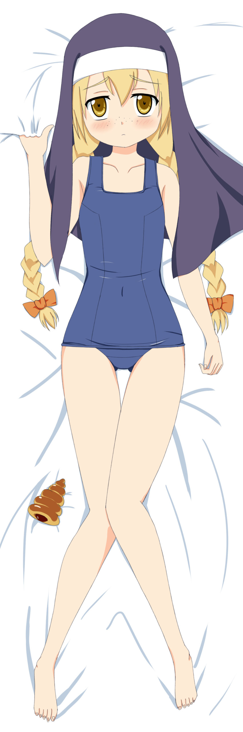 1girl, absurdres, angelene, barefoot, bed, bed_sheet, blonde_hair, blush