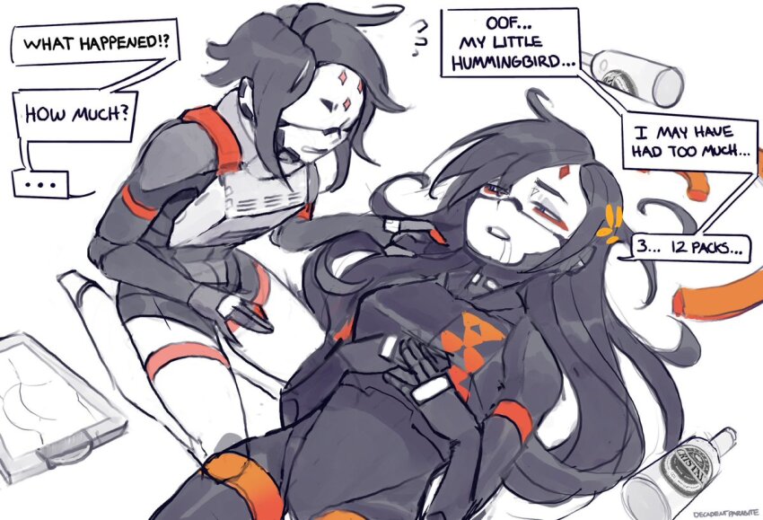 2girls, ahoge, android, armor, beer_bottle, black_hair, broken_halo, cerveza_cristal, clipboard, decayedparasite, drooling, drunk, empty_bottle, english_text, facial_mark, falke_(signalis), halo, hand_on_another's_shoulder, hands_on_own_chest, height_difference, kneeling, kolibri_(signalis), laurel_crown, long_hair, lying, mechanical_arms, mechanical_halo, mechanical_legs, multiple_girls, on_back, on_floor, seiza, short_hair, sierpinski_triangle, signalis, simple_background, sitting, size_difference, surprised, tall_female, told_you_not_to_do_that