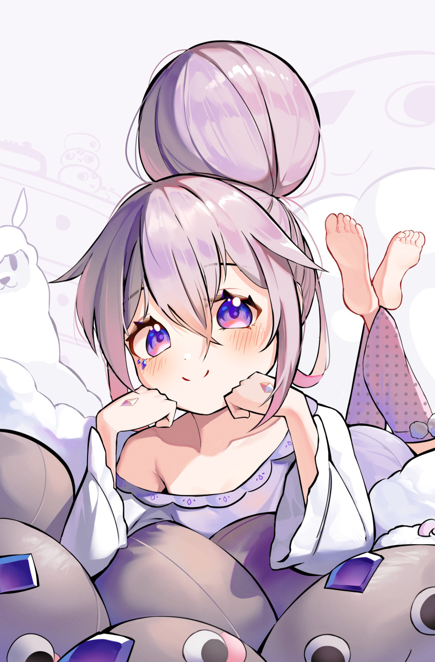 1girl, absurdres, alternate_costume, alternate_hairstyle, barefoot, blush, closed_mouth, collarbone