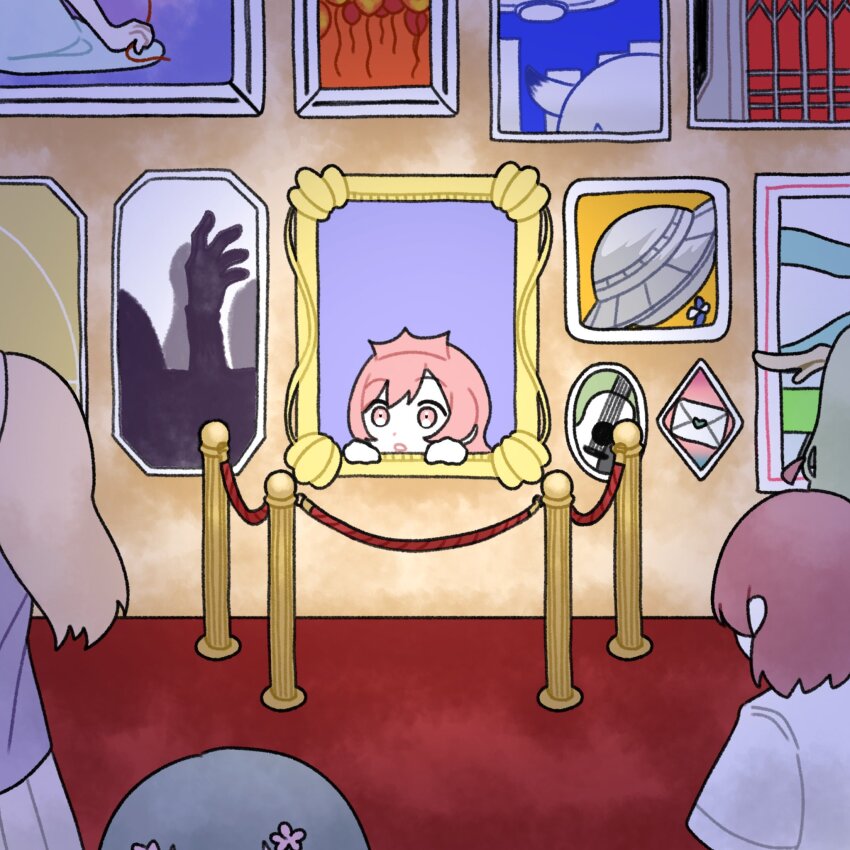 1000-nen_ikiteru_(vocaloid), 6+girls, acoustic_guitar, apricot_(vocaloid), art_gallery, babel_(utau), balloon, brown_hair