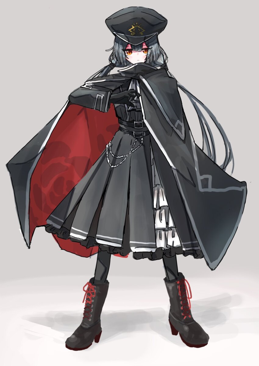 1girl, alternate_costume, belt, boots, cape, duel_monster, frills, gloves, grey_hair, hat, high_heel_boots, high_heels, highres, jigenshin, long_hair, long_sleeves, red_eyes, sky_striker_ace_-_roze, solo, standing, twintails, uniform, yu-gi-oh!