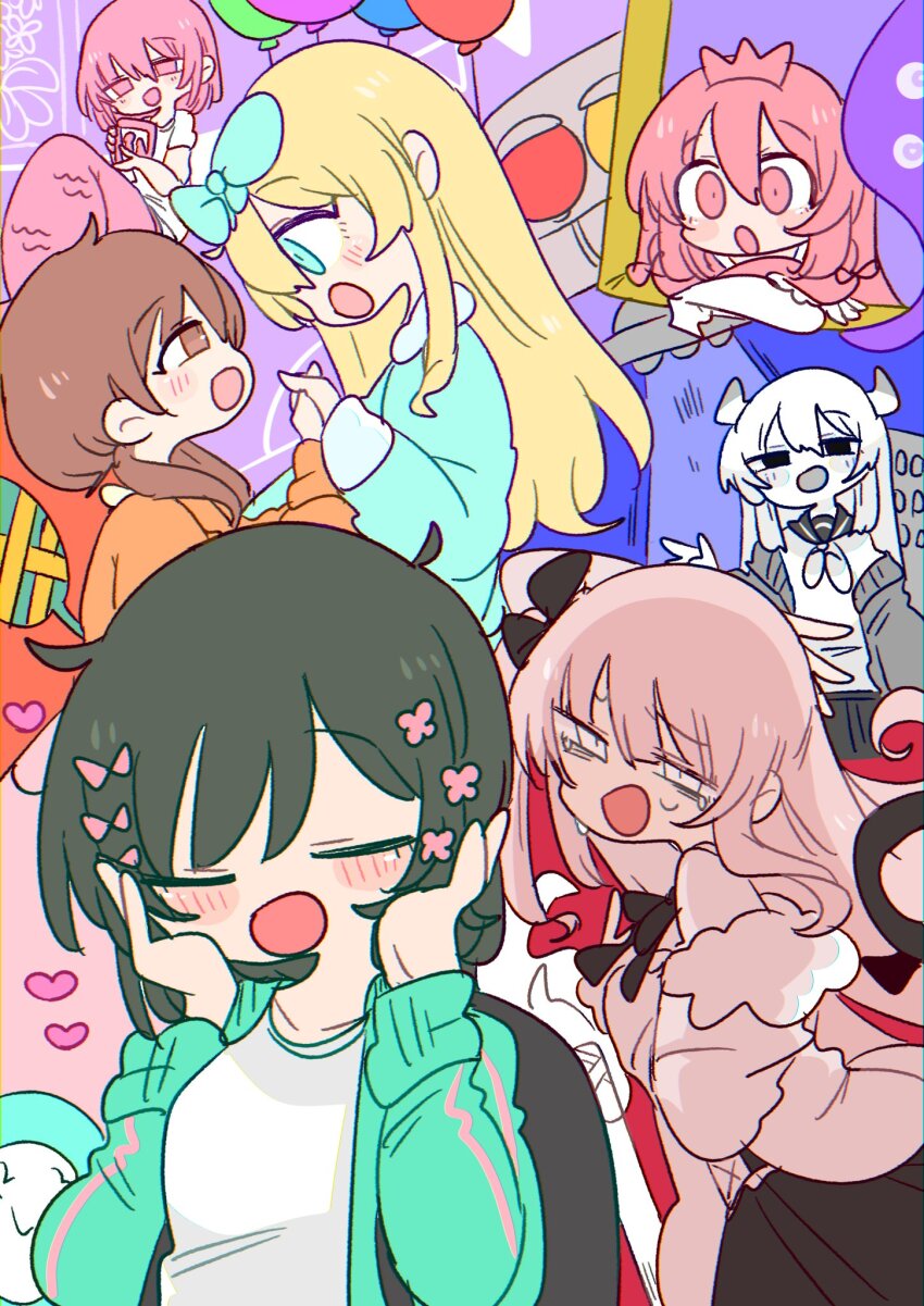 1000-nen_ikiteru_(vocaloid), 6+girls, :o, adipocere_(vocaloid), apricot_(vocaloid), arm_behind_head, backpack, bag, bags_under_eyes, balloon, black_bag, black_eyes, black_hair, black_sailor_collar, black_skirt, blue_bow, blue_dress, blue_eyes, blue_jacket, blush, bow, brown_eyes, brown_hair, cardigan, cevio, closed_eyes, collage, commentary, creator_connection, dress, eye_contact, face-to-face, flower, fur-trimmed_jacket, fur_trim, hair_bow, hair_flower, hair_half_undone, hair_ornament, hair_over_shoulder, half-closed_eyes, hand_mirror, hand_up, hands_on_own_cheeks, hands_on_own_face, heart, highres, holding, holding_hands, holding_photo, horns, isei_ni_ikou_ne_(cevio), jacket, jacket_partially_removed, kurari-chan_(iyowa), kyu-kurarin_(cevio), long_hair, long_sleeves, looking_at_another, looking_at_viewer, low_twintails, mermaid, mirror, monster_girl, multiple_girls, neckerchief, one_side_up, op_na_yarou, open_cardigan, open_clothes, open_jacket, open_mouth, pajamy_(vocaloid), photo_(object), pink_dress, pink_eyes, pink_flower, pink_hair, pink_shirt, princess, riko_(iyowa), sailor_collar, school_uniform, serafuku, shirt, short_hair, short_sleeves, skirt, smile, songover, suishitai_ni_modoranaide_(vocaloid), untranslatable_commentary, tearing_up, tentacles, through_medium, through_painting, tiara, torch, track_jacket, traffic_light, twintails, ufo, undressing, vocaloid, white_eyes, white_hair, white_neckerchief, white_shirt