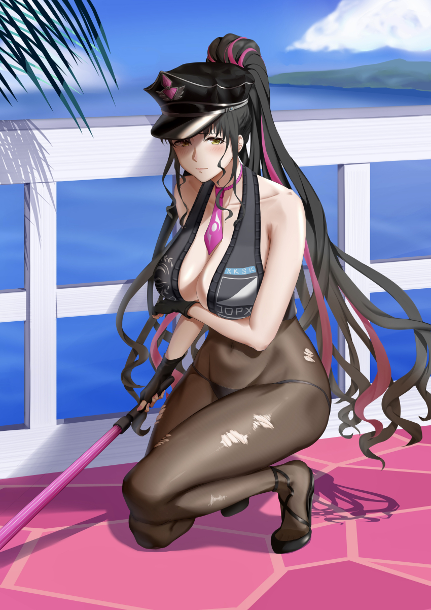 1girl, absurdres, akilv, arm_under_breasts, bikini, black_bikini, black_footwear, black_gloves