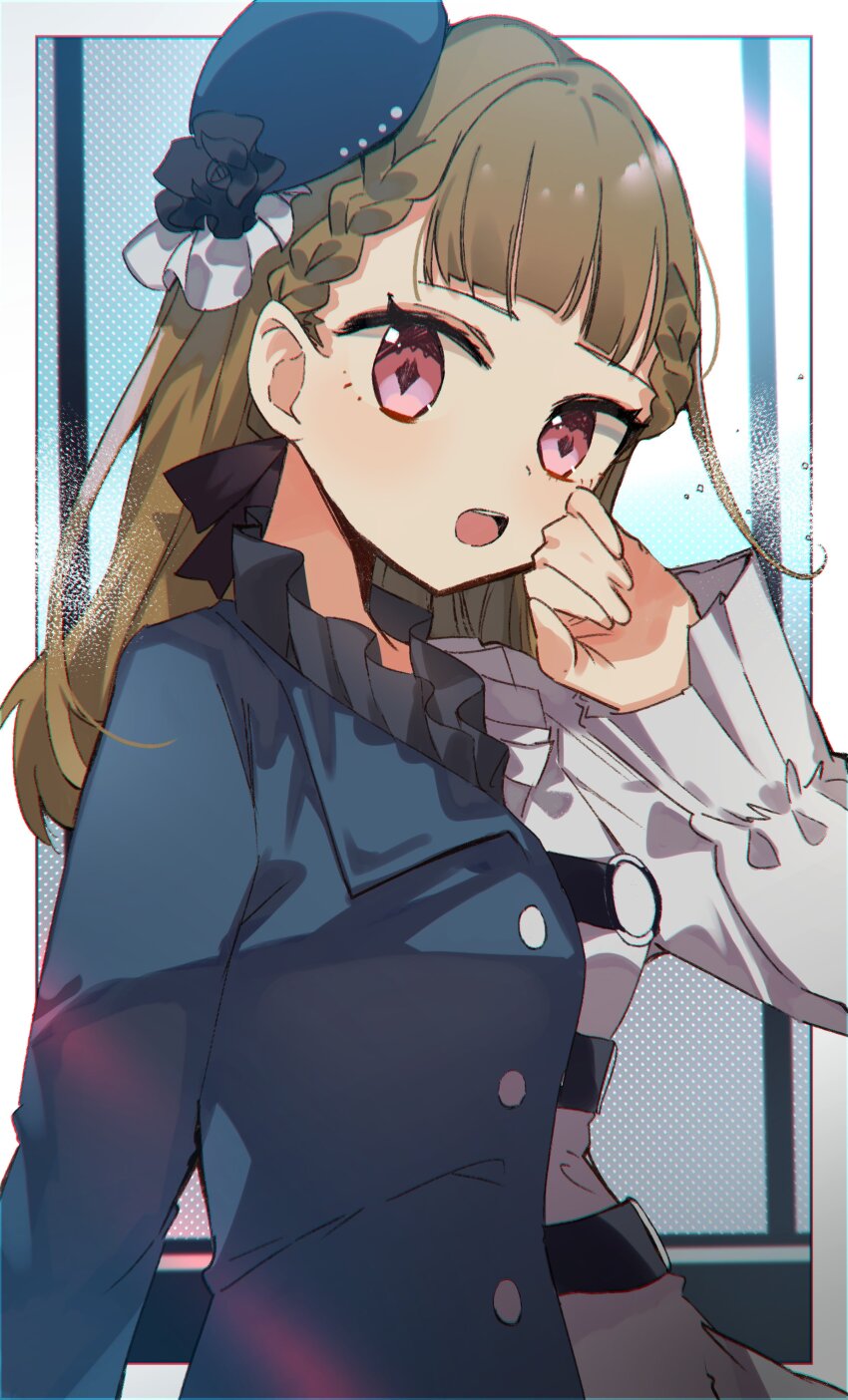 1girl, :d, absurdres, asymmetrical_clothes, beret, black_flower, blue_coat, blue_hat