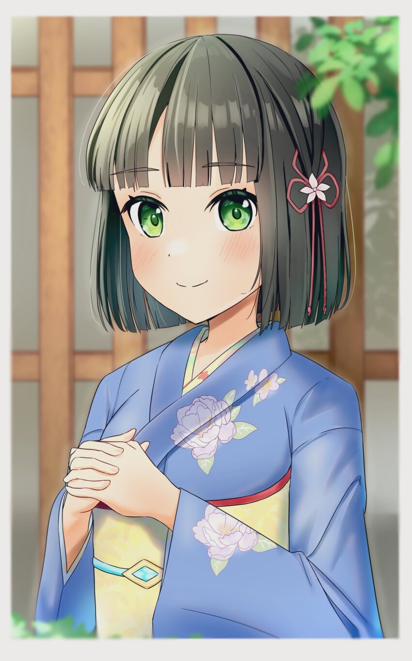 1girl, black_hair, blue_kimono, blunt_bangs, blunt_ends, blurry, blurry_background, blurry_foreground