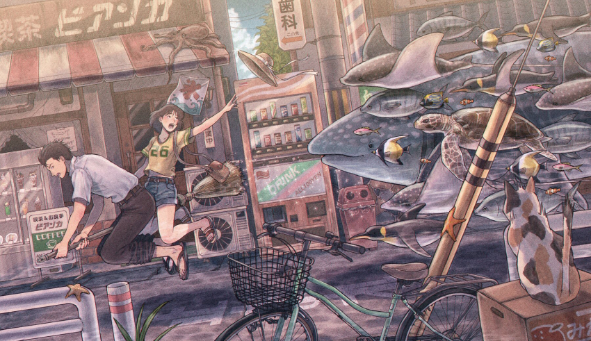 1boy, 1girl, arm_up, bag, belt, bicycle, bird, black_footwear, black_hair, black_pants, blonde_hair, blue_shorts, box, breasts, broom, broom_riding, brown_bag, brown_belt, brown_hat, cardboard_box, cat, clownfish, commentary, day, fish, flip-flops, flying_fish, flying_turtle, guard_rail, hat, hat_ribbon, highres, inumoto922, manta_ray, midriff_peek, navel, open_mouth, original, outdoors, pants, penguin, photoshop_(medium), power_lines, ribbon, sandals, shirt, shirt_tucked_in, shop, short_hair, shorts, shoulder_bag, sign, small_breasts, squid, starfish, teeth, translation_request, trash_can, turtle, unworn_hat, unworn_headwear, utility_pole, vending_machine, whale_shark, white_ribbon, white_shirt