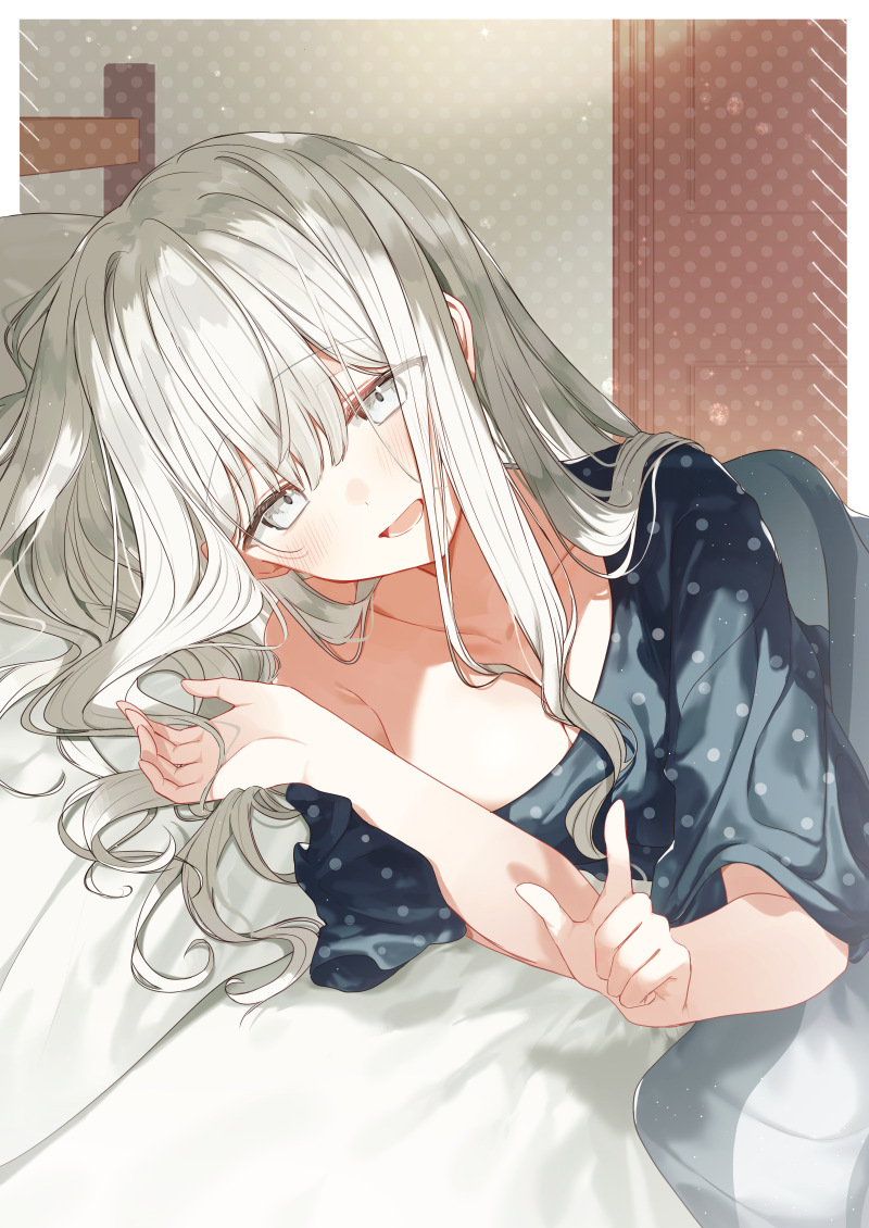 1girl, :d, bed, black_shirt, blush, breasts, cleavage, collarbone