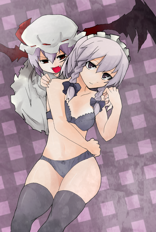 2girls, bad_id, bad_pixiv_id, bra, female_focus, izayoi_sakuya, lingerie, multiple_girls