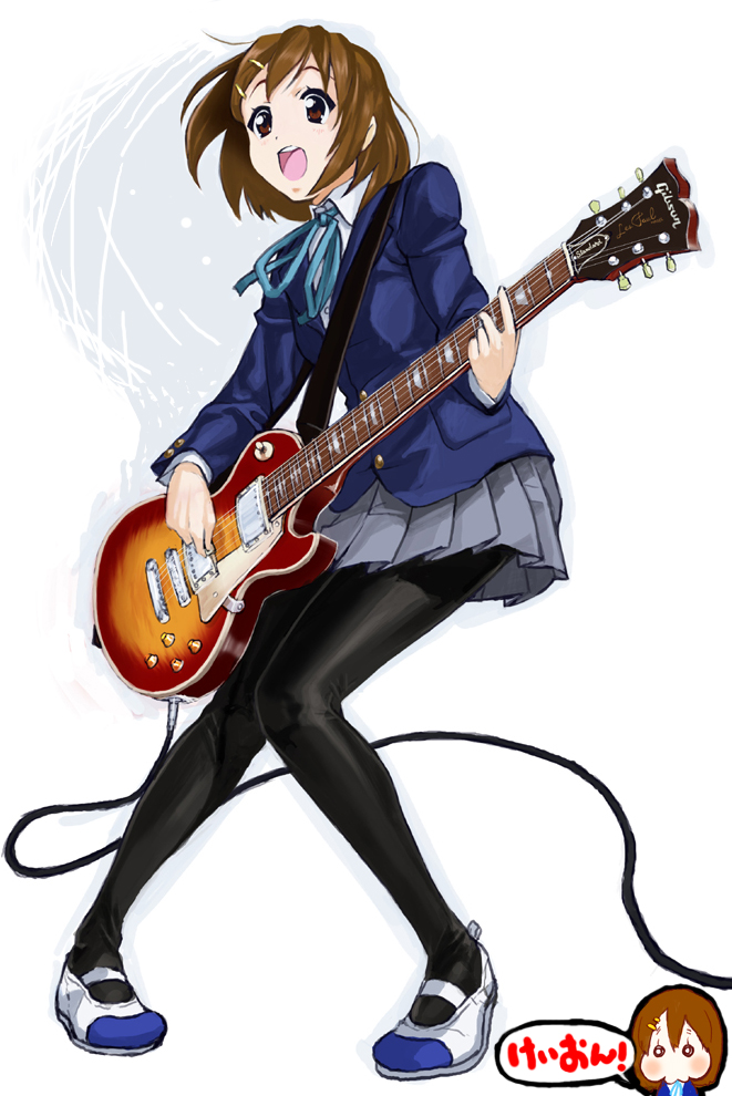 1girl, brown_eyes, brown_hair, electric_guitar, female_focus, from_below, guitar, hiraemon