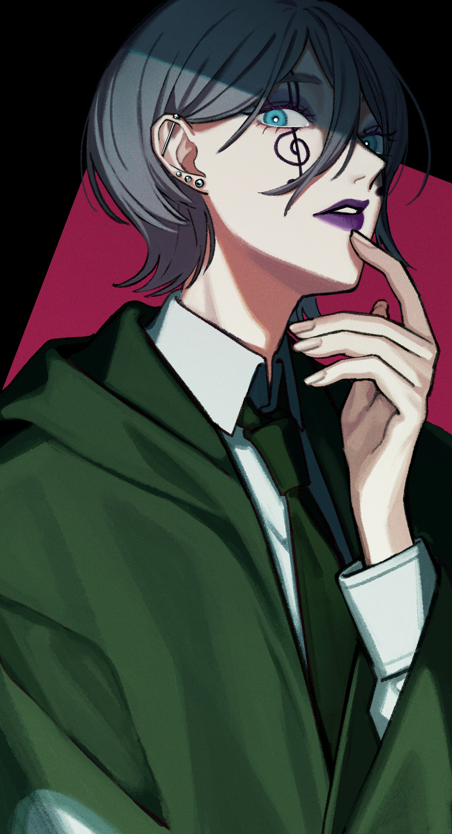 1boy, blue_eyes, collared_shirt, earrings, facial_mark, green_robe, grey_hair, hair_between_eyes, highres, jewelry, long_sleeves, looking_at_viewer, margarette_macaron, mashle, musical_note, n_ne, necktie, robe, school_uniform, shirt, short_hair, solo, stud_earrings, white_shirt