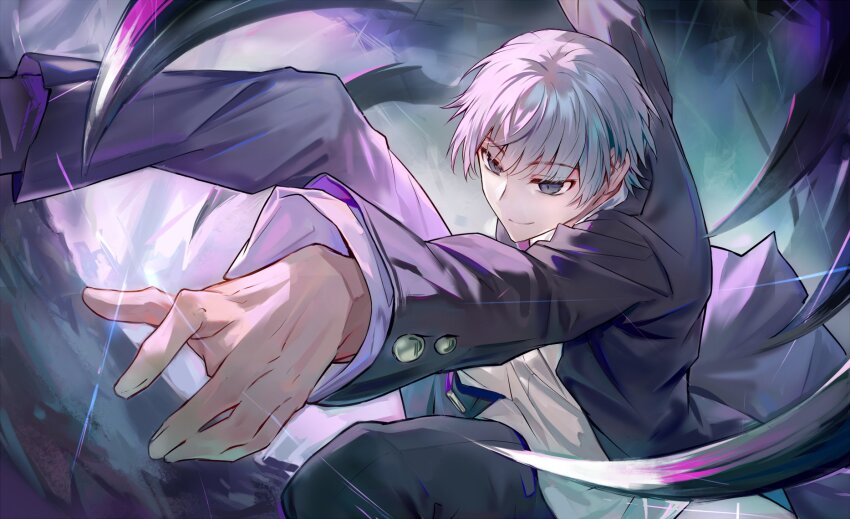 1boy, black_eyes, byakuya_(under_night_in-birth), floating, floating_object, floating_sword, floating_weapon, gakuran