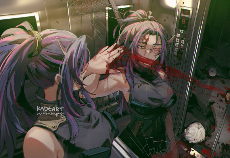1girl, armpits, artist_name, bare_shoulders, blood, boku_no_hero_academia, breasts, commentary, crack, cracked_glass, dress, elevator, elevator_door, english_commentary, face_down, from_above, high_ponytail, kadeart, lady_nagant, large_breasts, lying, mirror, multicolored_hair, on_floor, on_stomach, ponytail, purple_eyes, purple_hair, push-button, reflection, sleeveless, sleeveless_turtleneck, sleeveless_turtleneck_dress, smeared_blood, solo_focus, tile_floor, tiles, turtleneck, turtleneck_dress, two-tone_hair, unconscious, white_hair