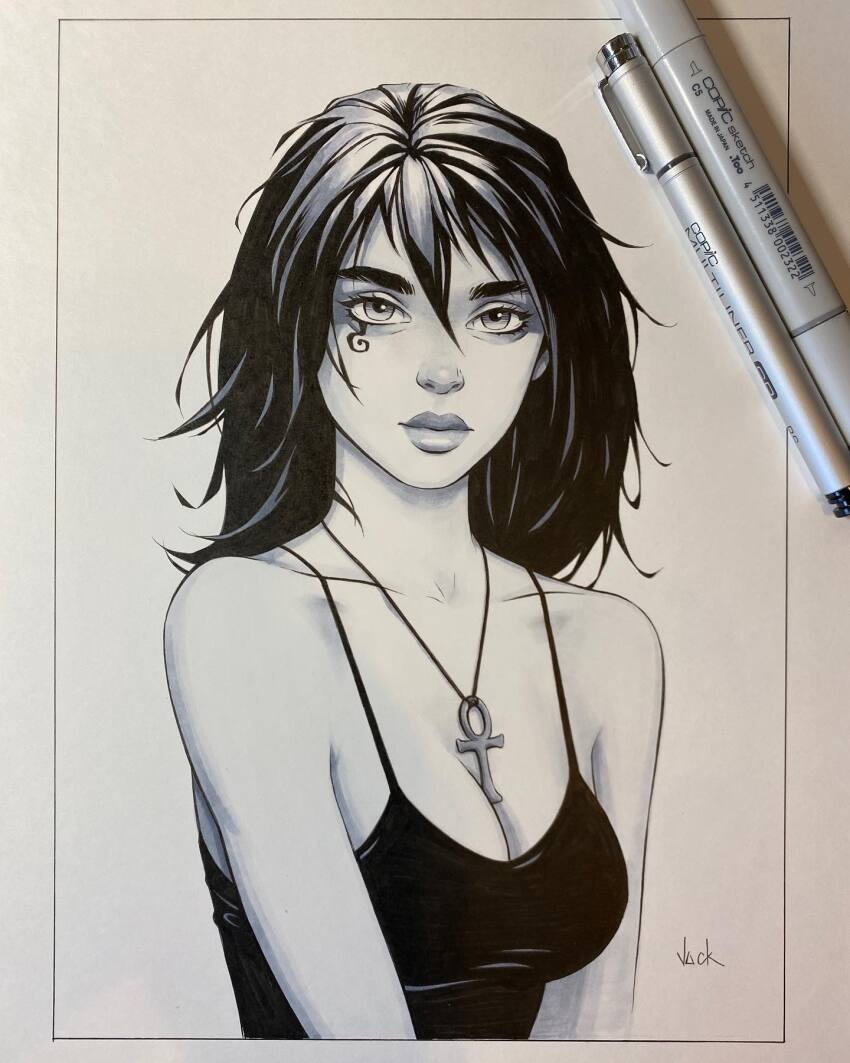 1girl, ankh_necklace, art_tools_in_frame, black_camisole, black_hair, breasts, camisole, cleavage