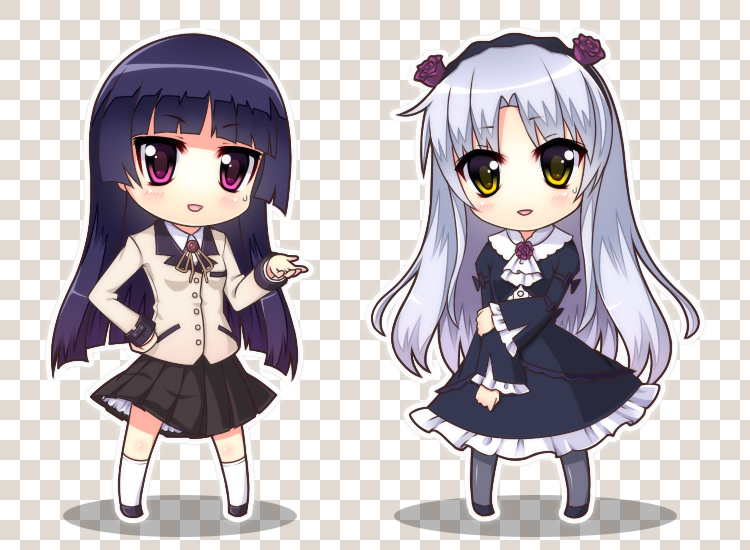 2girls, angel_beats!, bad_id, bad_pixiv_id, black_hair, blazer, blue_hair, checkered_background, chibi, cosplay, costume_switch, crossover, gokou_ruri, gokou_ruri_(cosplay), gothic_lolita, hanazawa_kana, jacket, lolita_fashion, long_hair, multiple_girls, neon_(neonknight), ore_no_imouto_ga_konna_ni_kawaii_wake_ga_nai, pantyhose, red_eyes, school_uniform, tenshi_(angel_beats!), tenshi_(angel_beats!)_(cosplay), voice_actor_connection, yellow_eyes