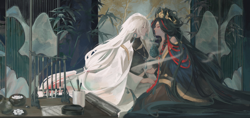 2girls, absurdly_long_hair, absurdres, bamboo, bare_shoulders, black_dress, black_hair, black_shirt