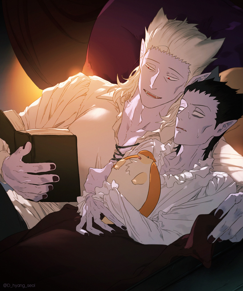 2boys, armadillo, black_hair, blank_eyes, blanket, book, cheekbones, draluc_(kyuuketsuki_sugu_shinu)