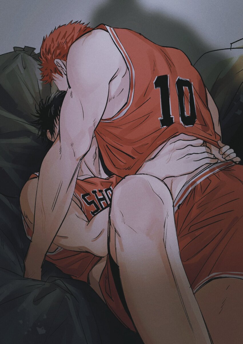 2boys, basketball_jersey, basketball_uniform, black_hair, bom-r, boy_on_top, clothes_lift, couple, cowboy_shot, hands_on_another's_waist, highres, lying, male_focus, multiple_boys, on_back, red_hair, red_shorts, red_tank_top, rukawa_kaede, sakuragi_hanamichi, shirt_lift, short_hair, shorts, slam_dunk_(series), sportswear, tank_top, yaoi