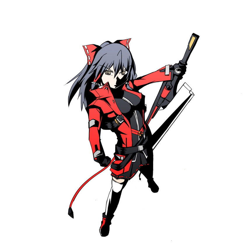 1girl, arc_system_works, black_hair, blazblue, bow, brown_eyes, cosplay, female_focus, hair_bow, hakurei_reimu, highres, kazeshima_tokadame, long_hair, parody, ragna_the_bloodedge, ragna_the_bloodedge_(cosplay), solo, sword, touhou, weapon, yin_yang