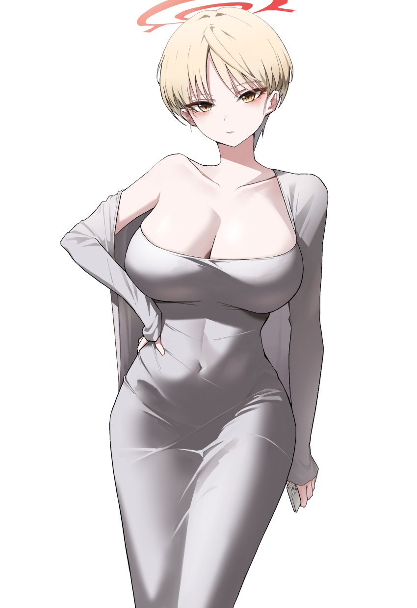 1girl, absurdres, alternate_costume, blonde_hair, blue_archive, blush, breasts, cellphone